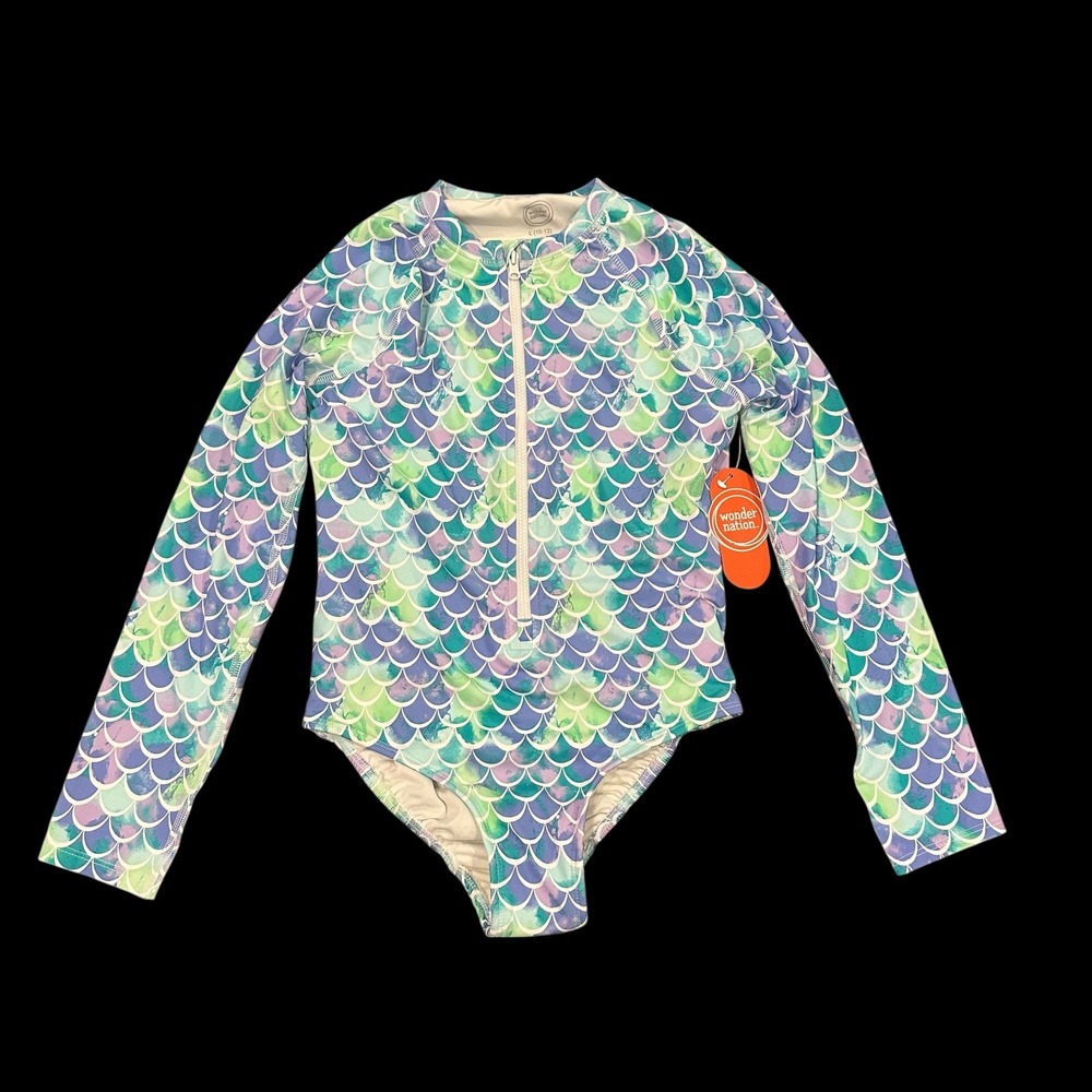 Wonder Nation Girls‎ UPF Mermaid Rash Guard Long Zip Front Swimsuit L 10-12 NWT